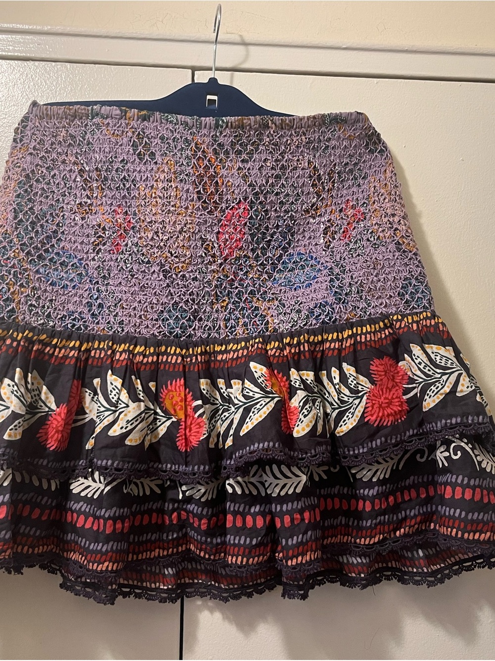 FARM Rio Purple Smocked Mini Skirt with Red Floral Border